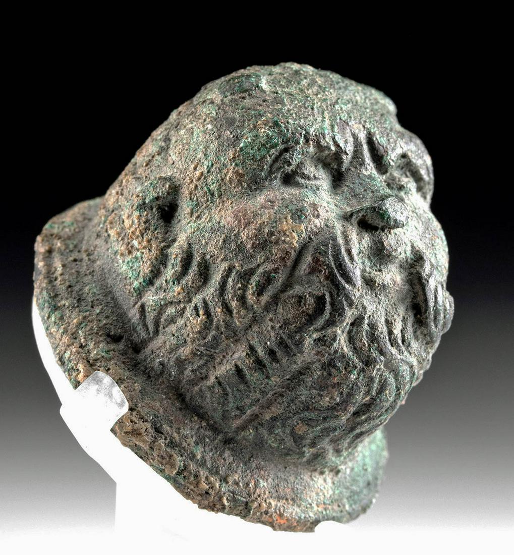 Roman Bronze Finial / Furniture Attachment - Silenus: **Originally Listed At $600** Roman, Imperial Period, ca. 1st to 3rd century CE. A charming cast bronze finial, probably used to decorate a piece of furniture or a drinking vessel. It is in the form o