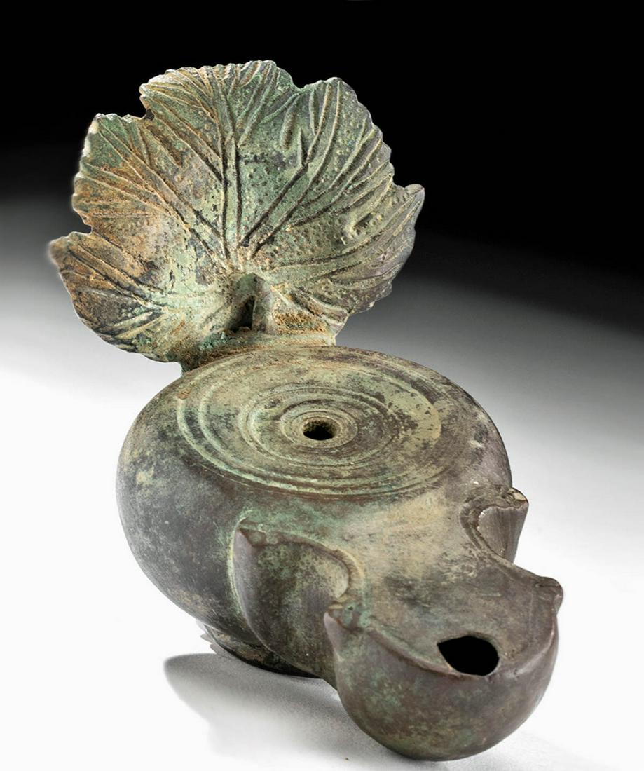 Late Roman / Byzantine Bronze Oil Lamp w/ Leaf Handle (1 of 6)