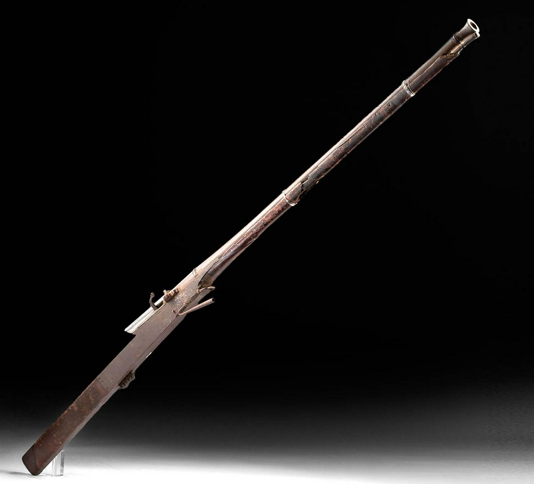 18th C. Indian Wood / Iron Matchlock Bandukh Toradar: **Originally Listed At $800** Central Asia, India, British Colonial period, ca. 18th century CE. A lovely long rifle known as a "bandukh toradar" (literally "matchlock gun") of a lengthy form. The rif
