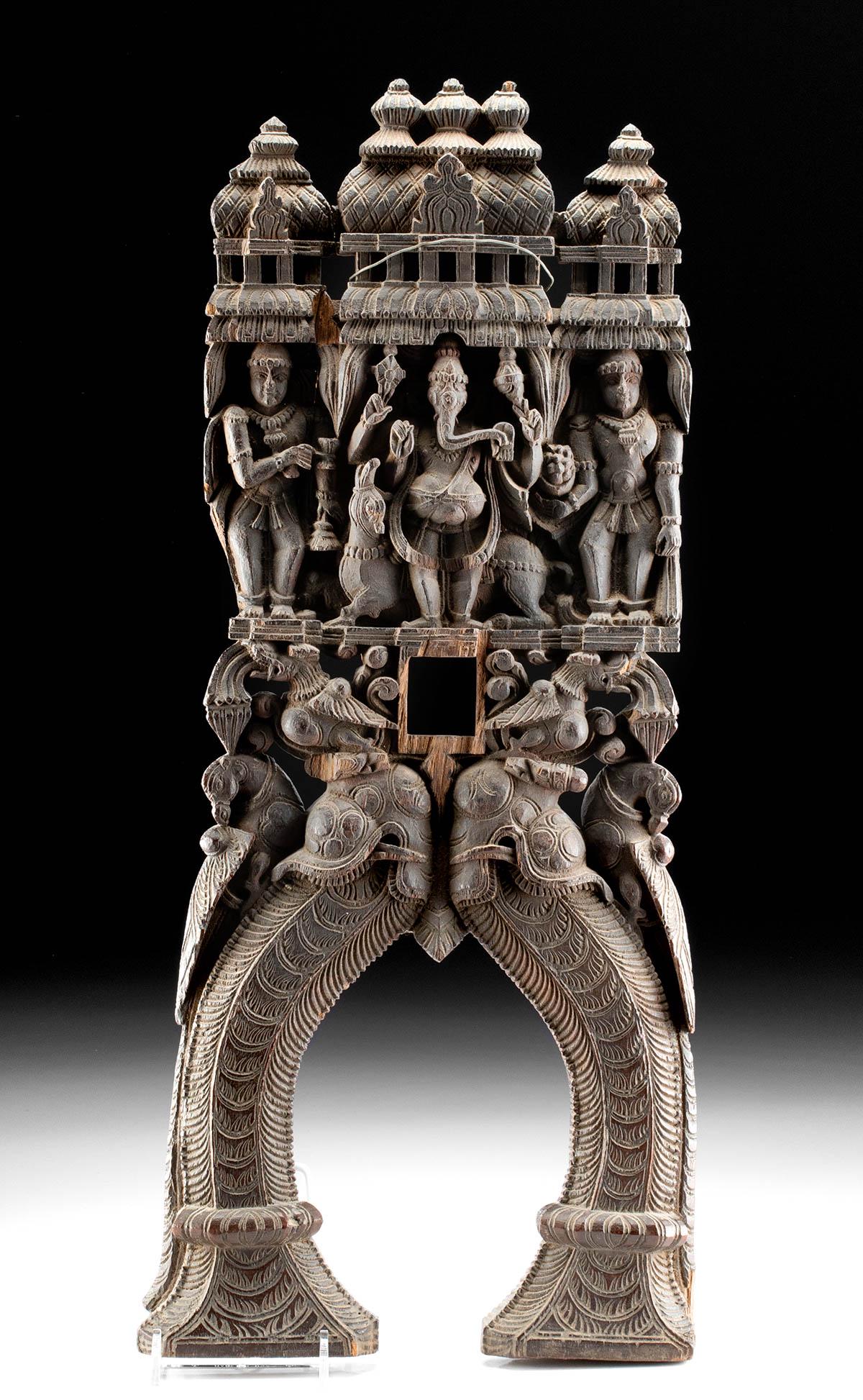 Early 19th C. Indian Wood Kevadi w/ Ganesh: **First Time At Auction** Central Asia, southern India, Kerala region, ca. first half of the 19th century CE. A hand-carved ceremonial object known as a kevadi that depicts a pair of finely adorned ma
