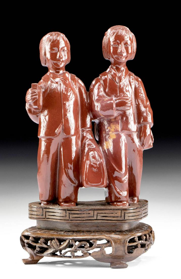 20th C. Chinese Jasper Carving of 2 School Children (1 of 5)