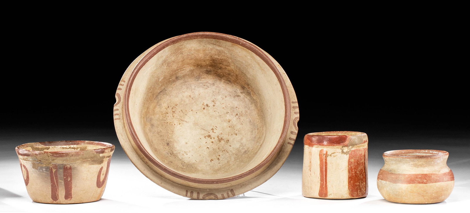 Lot of 4 Maya Copador Bi-Chrome Vessels: **Originally Listed At $300** Pre-Columbian, Central America, El Salvador, Maya, Late Classic Period, ca. 700 to 900 CE. A lovely gathering of four hand-built pottery vessels covered in cream-hued sli