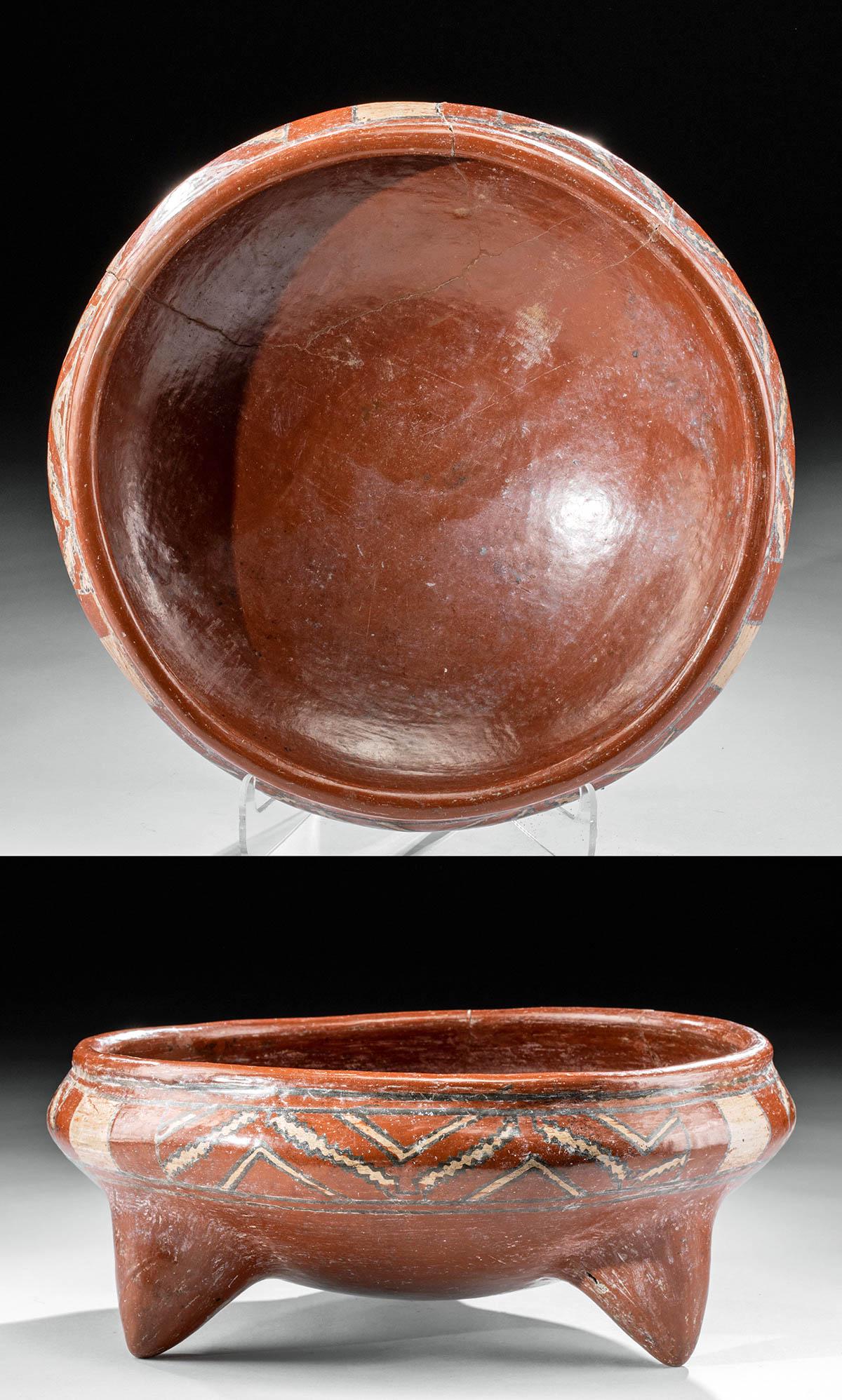 Chupicuaro Polychrome Tripod Dish: **Originally Listed At $300** Pre-Columbian, West Mexico, Chupicuaro, ca. 500 BCE to 300 CE. A hand-built redware pottery bowl featuring a deep, round-bottomed form with tall walls and an in-folded, t
