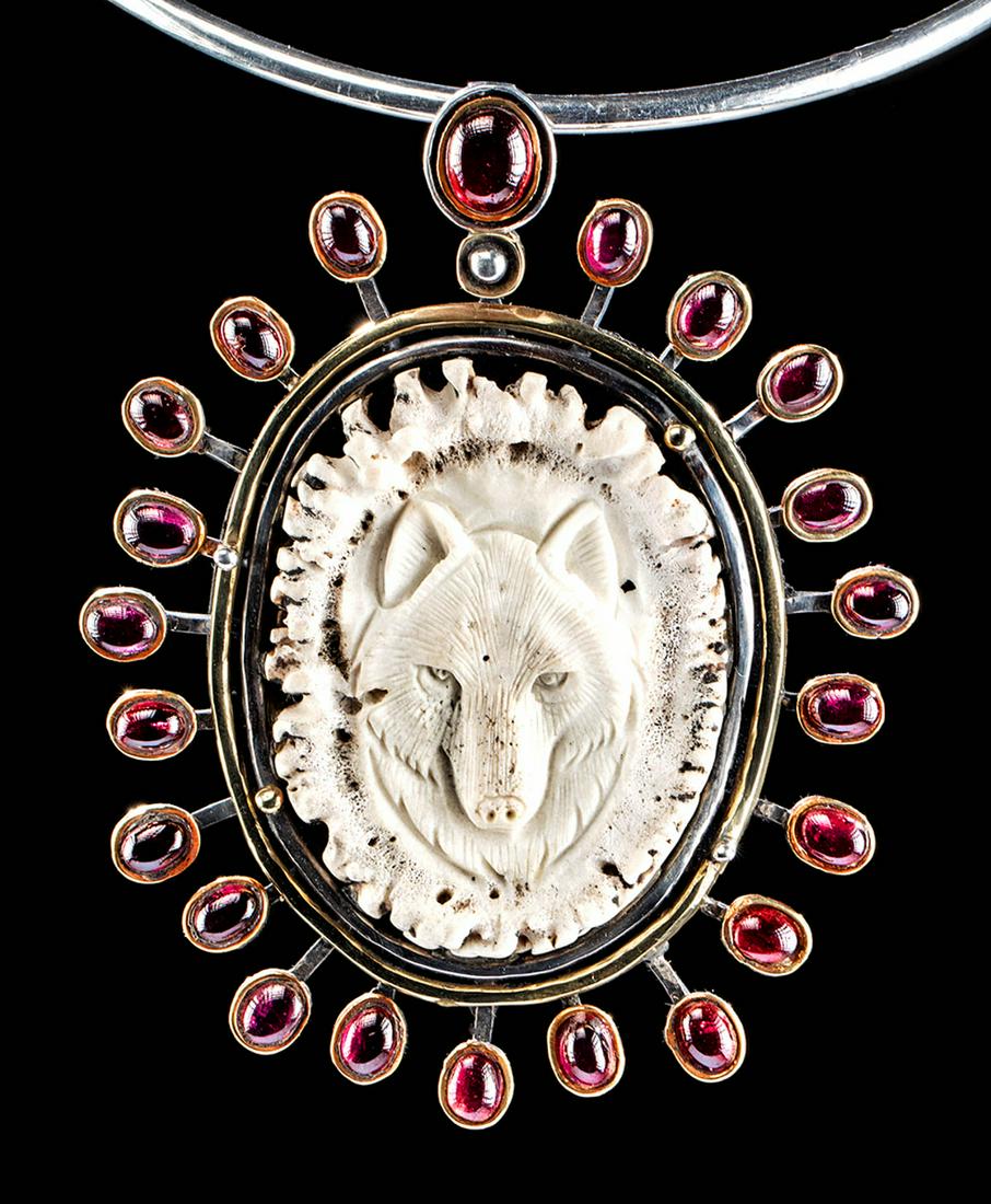 Mexican Silver Necklace w/ Carved Bone Wolf, Garnets: **Originally Listed At $1000** Roberto Morales (Mexican, Contemporary). A magnificent work of wearable art, a silver choker with a magnificent wolf pendant that is signed "Roberto 1973" by the artist 