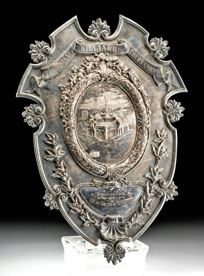 20th C. Malaysian Silvered Copper Billiards Trophy: Southeast Asia, Malaysia, Terengganu (formerly spelled Trengganu or Tringganu), ca. mid to late 20th century CE. A large copper billiards trophy shaped like a regal shield that Is covered in a layer o