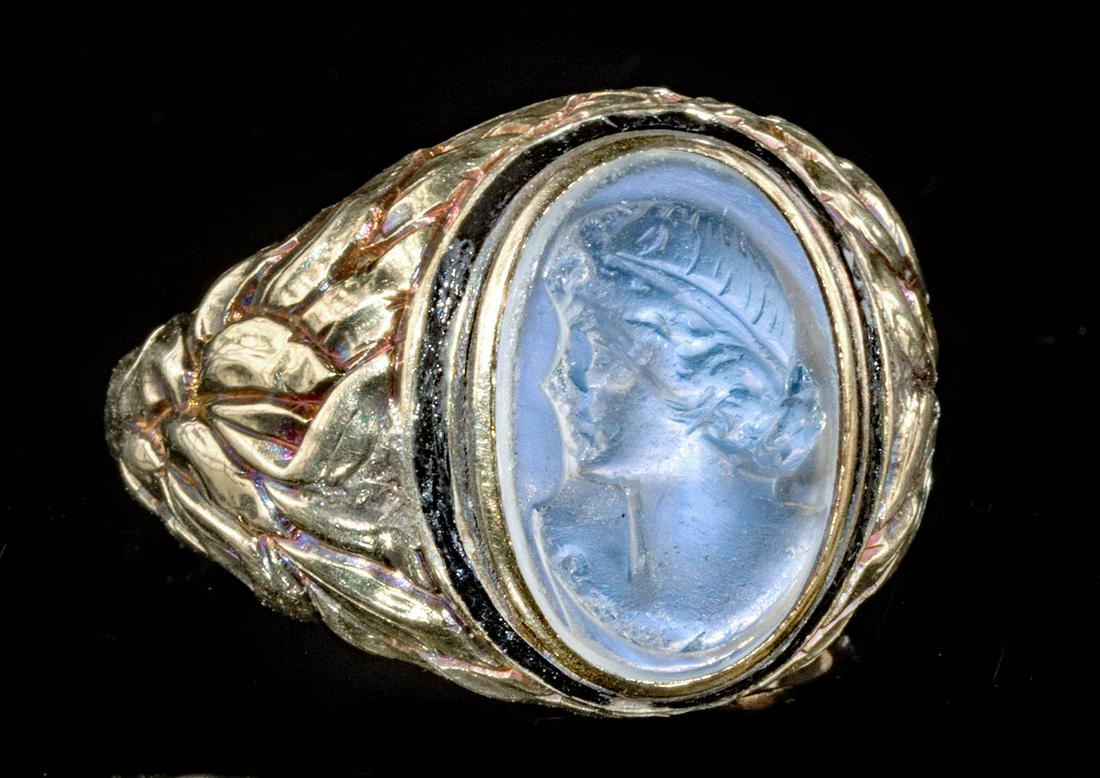Neoclassical Gold and Moonstone Cameo Ring: Europe, Neoclassical, ca. 18th to 19th century CE. A beautiful 15K+ gold ring with a sizeable oval moonstone cameo depicting the profile bust of an attractive female, perhaps a goddess, presenting del
