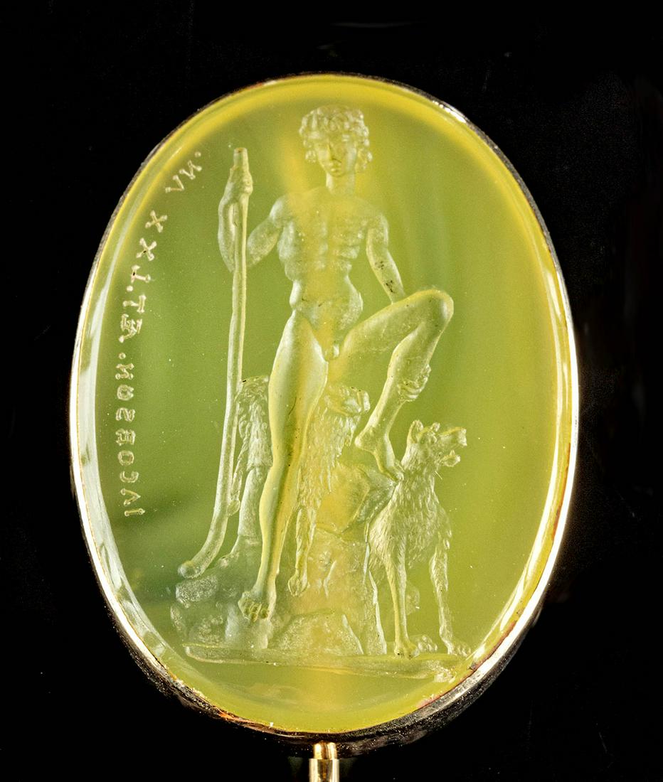 Neoclassical European Gold & Agate Intaglio Tie Pin: Europe, Neoclassical, ca. late 18th to early 19th century CE. A lovely 14K+ gold tie pin set with a sizeable oval agate intaglio carved with a nude male figure, probably Antinous, the Bithynian Greek 