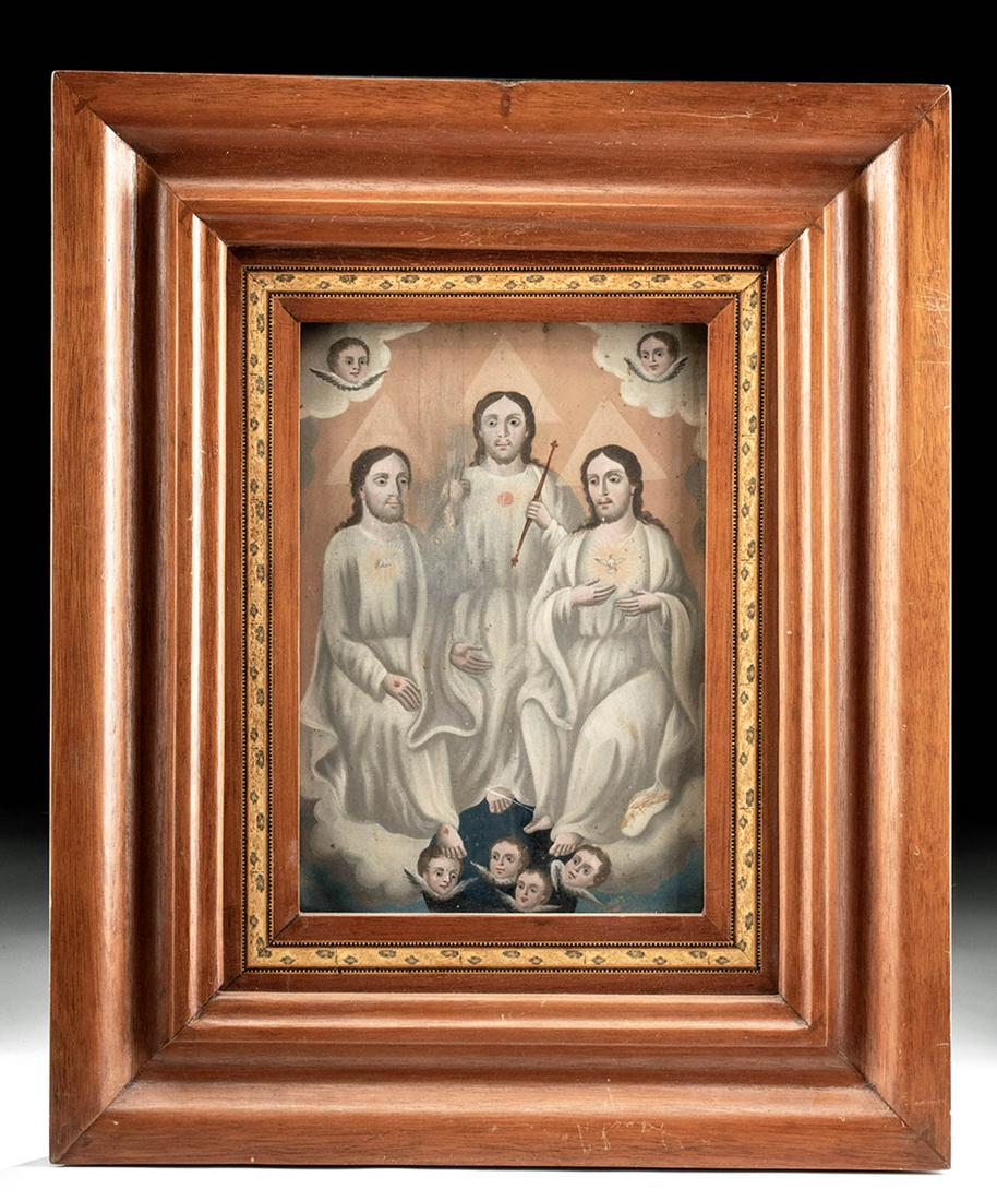 19th C. Mexican Retablo - Holy Trinity: Latin America, Mexico, ca. 19th century. A beautifully painted Mexican retablo depicting the Holy Trinity, the Father, the Son, and the Holy Ghost dressed in flowing white robes with two angelic serap
