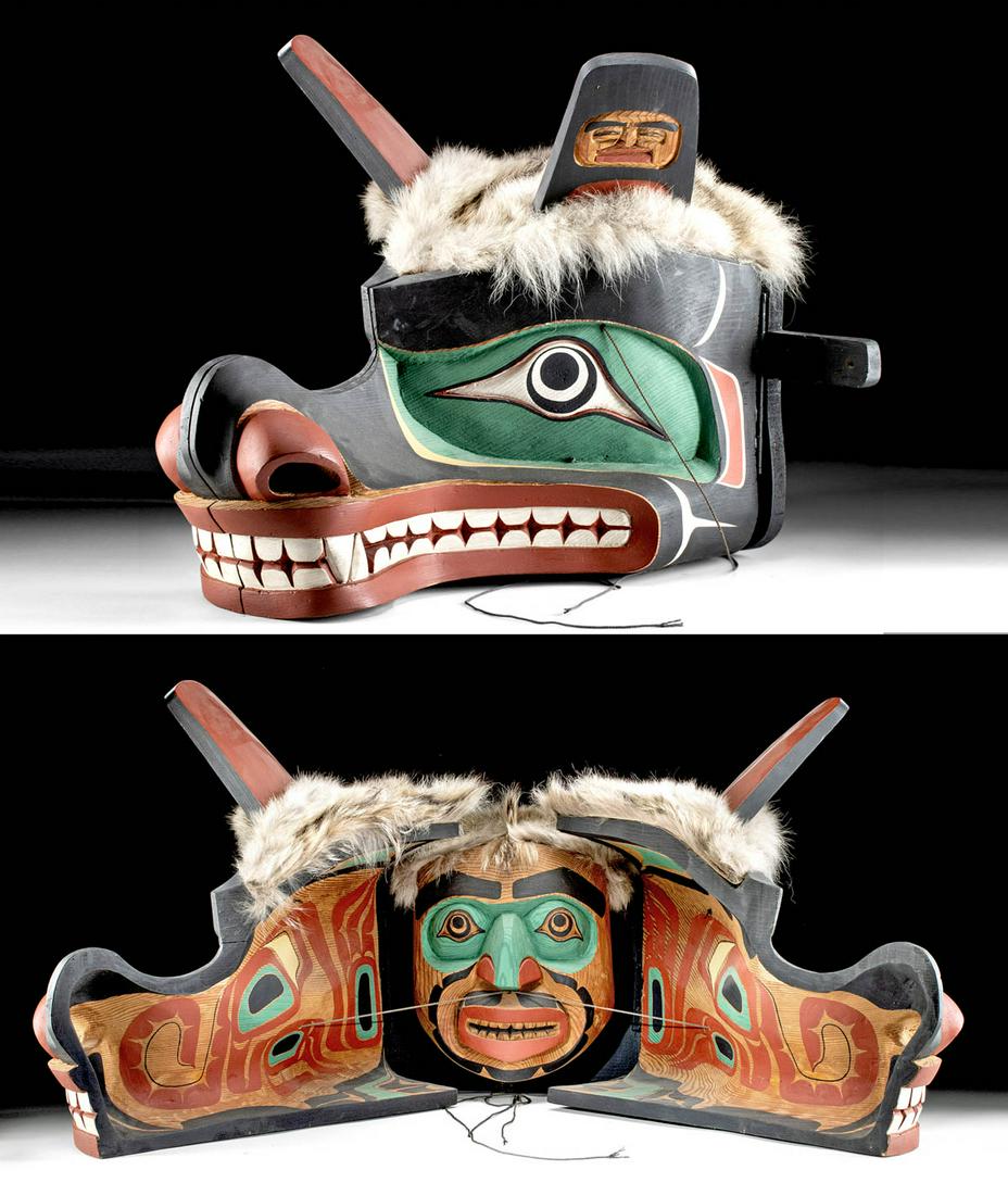 Kwakiutl Tsungani Cedar Wolf Transformation Mask, 1980s: Fearon Smith / Chief Tsungani (Northwest Coast, Kwakiutl/Kwakwaka'wakw tribe), ca. 1980s. Finely carved from cedar and hand painted, a transitional wolf mask by Chief Tsungani, the brother of Chief Le