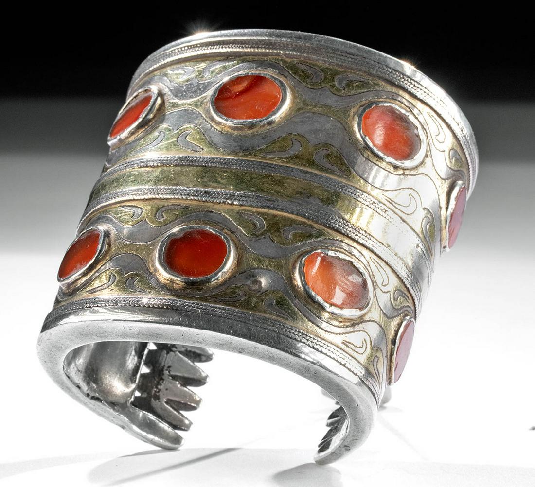 19th C. Turkoman Silver Bracelet Rows Carnelian Insets: Central Asia, Afghanistan, Turkoman, ca. late 19th to early 20th century CE. An antique Tekke Turkoman Turkmen bracelet composed of 92% silver with two registers that each feature five ovoid carnelian