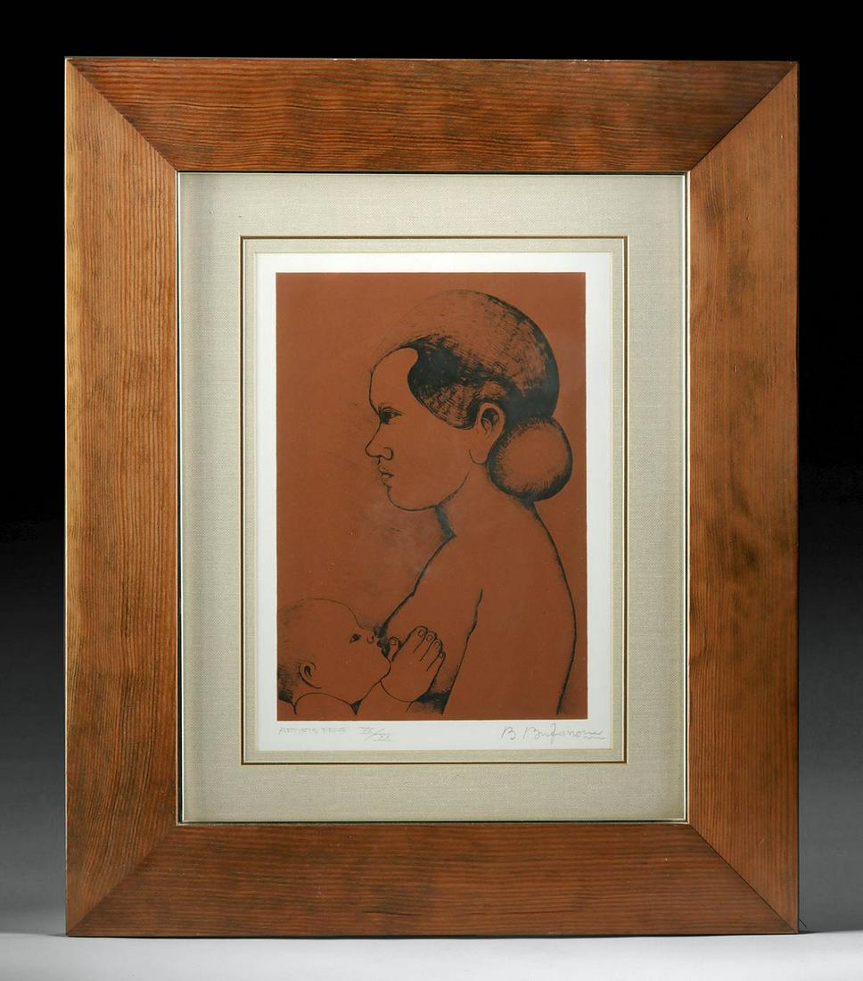 20th C. Artist Proof Balinese Mother B. Bufano: Beniamino Bufano (Italian American, 1890-1970), "Balinese Mother" lithograph, an Artist's Proof, ca. 1960s. "ARTIST'S PROOF XX/XX" and Bufano's signature handwritten in pencil below image. A Beniamino