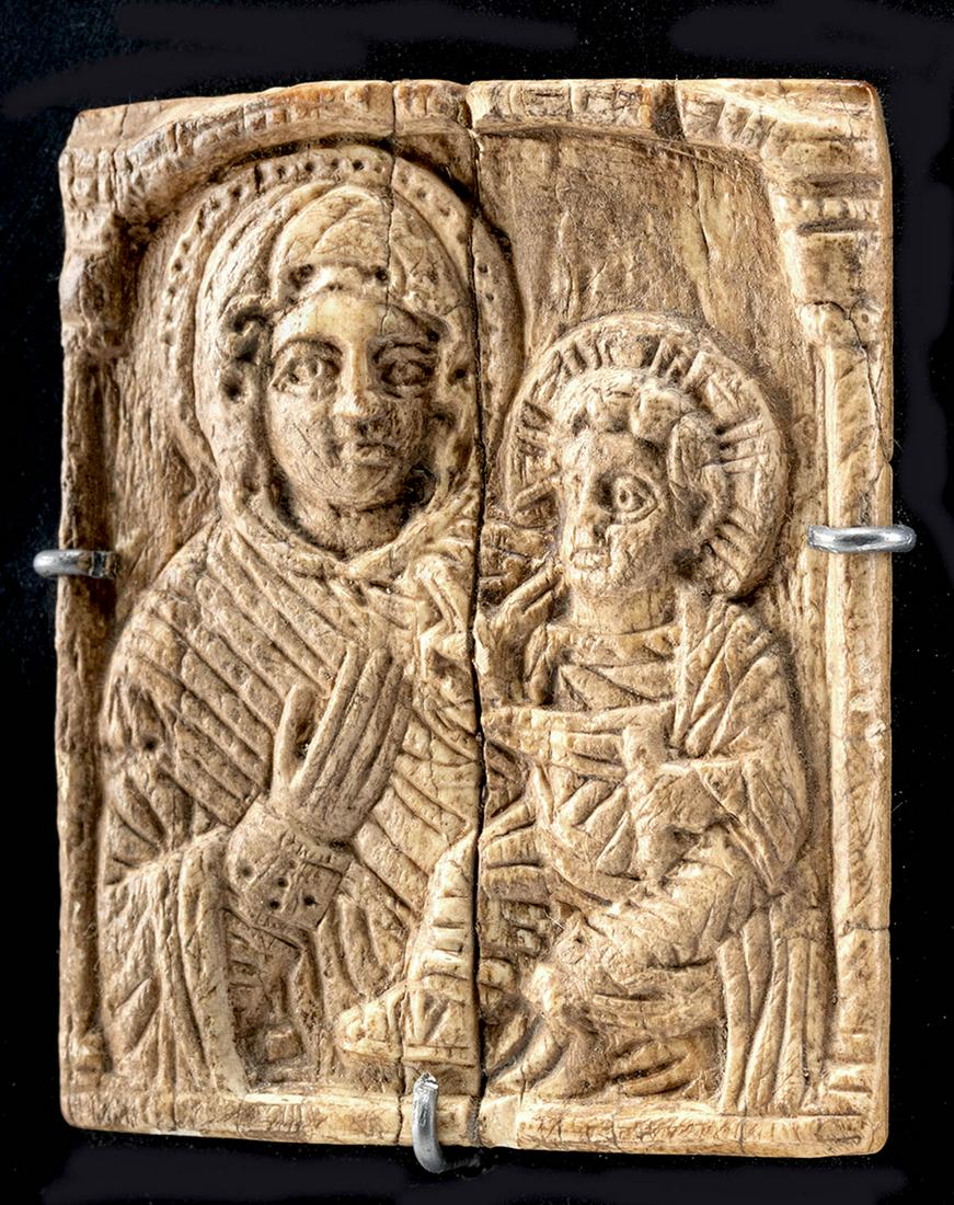 10th C. Byzantine Medieval Bone Carving Virgin & Child: Ancient Near East, late Byzantine to early Medieval, ca. 10th to 13th century. A petite, rectangular relief panel, finely carved from bovine bone with a composition depicting the Virgin Hodegetria, bo