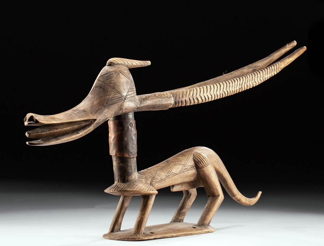 Early 20th C. Bambara Wood Chiwara Headdress - Antelope: Western Africa, central Mali, Bambara people, ca. early to mid 20th century CE. A beautiful example of a rare form of chiwara, a ritual mask used by the Bambara people in dances and rituals. This hori