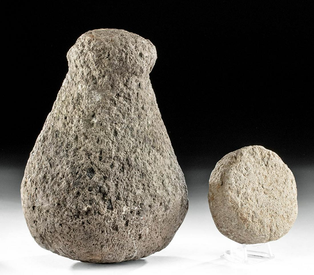 Two Hawaiian Stone Objects - 'Ulu Maika & Poi Pounder: Polynesia, Hawaiian Islands, ca. 18th to 19th century CE. A fine example of a stone for playing 'ulu maika, an ancient Hawaiian sport similar to modern American bowling, where players rolled discs lik