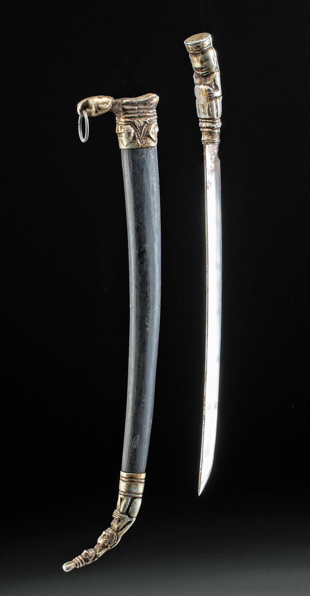 19th C. Sumatran Batak Steel Piso Halasan & Wood Sheath: **Originally Listed At $200** Southeast Asia, Indonesia, North Sumatra, Batak peoples, ca. late 19th to early 20th century CE. A hammered steel short sword known as a Piso Halasan (also Piso Eccat, Ek