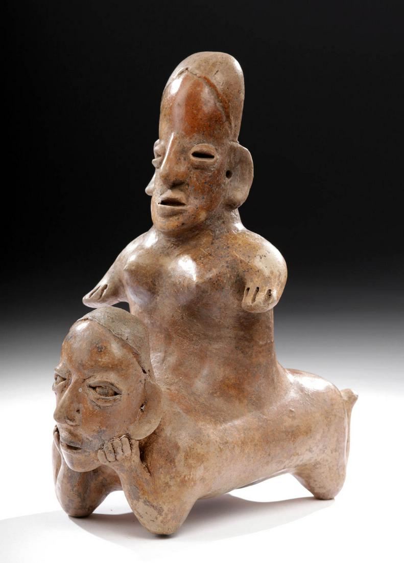 Jalisco Ameca Pottery Figure - Female Atop Male: **Originally Listed At $1800** Pre-Columbian, West Mexico, Jalisco, Ameca Grey type, ca. 300 BCE to 300 CE. An intriguing, hand-built pottery figure with highly burnished surfaces and fine traces of o