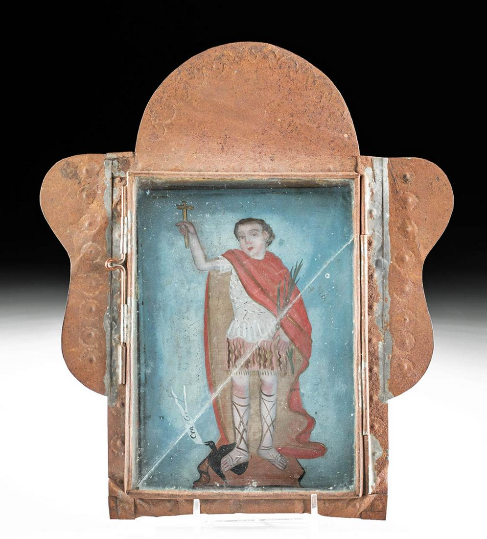 Framed 19th C. Mexican Retablo w/ Nicho - San Expedito: **Originally Listed At $400** Latin America, Mexico, ca. late 19th century CE. A sweet retablo of San Expedito (Saint Expeditus) hand painted on heavy gauge tin. This endearing saing is depicted as a