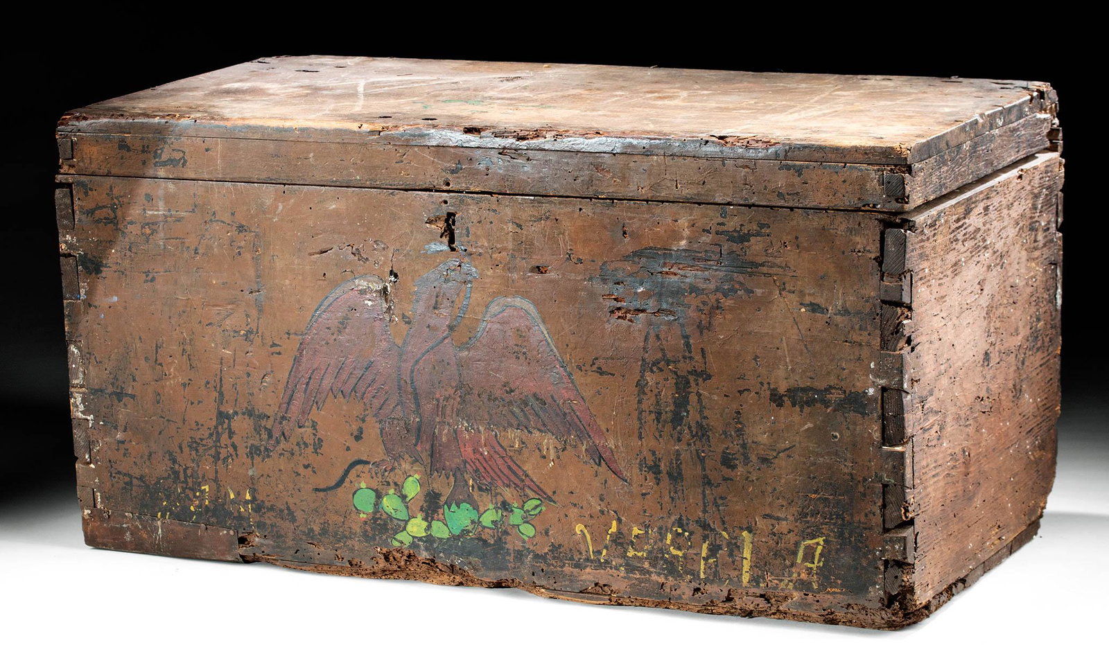 Rare 19th C. Mexican Painted Wood Military Trunk: **Originally Listed At $800** Latin America, Mexico, ca. 19th century CE. An antique wooden trunk created for a Mexican military officer and probably used to carry personal effects. It is hand painted
