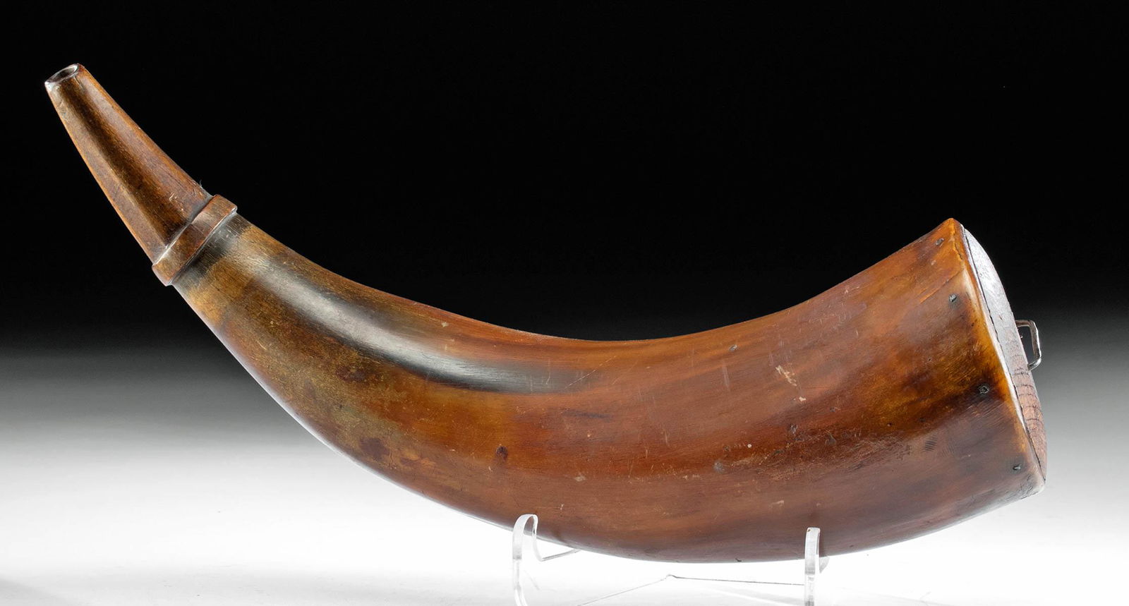 18th C. American Powderhorn w/ Brass Spout: **Originally Listed At $300** New World, American Revolutionary Period, ca. late 18th to early 19th century CE. A fine example of a powderhorn, made to be used by a rifleman during the end of the colo