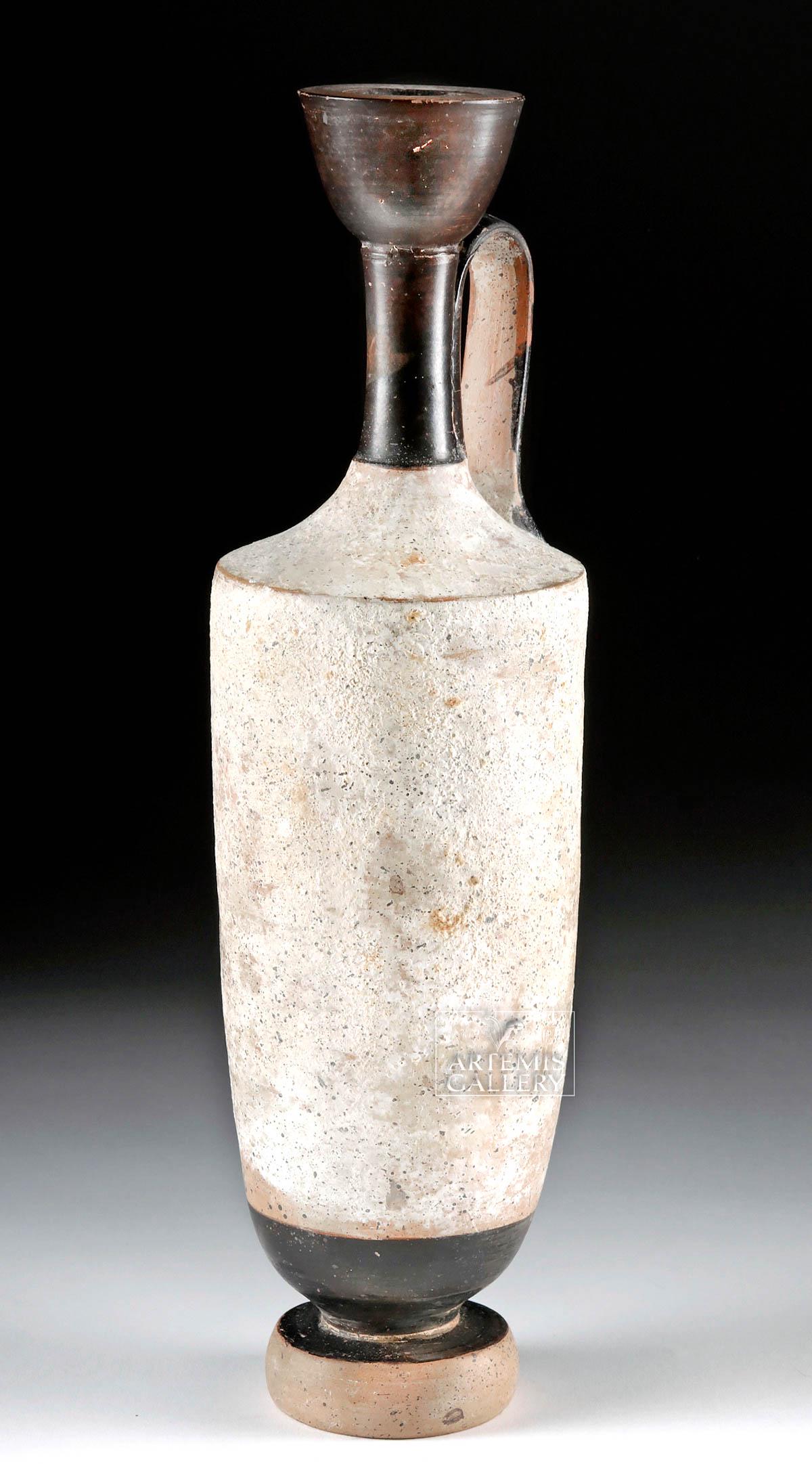 Tall Greek Attic White Ground Lekythos: **Originally Listed At $2000** Ancient Greece, Athens (Attic), Classical Period, ca. late 6th to early 5th century BCE. A very large white ground lekythos with a classic form and liberal mineral depos