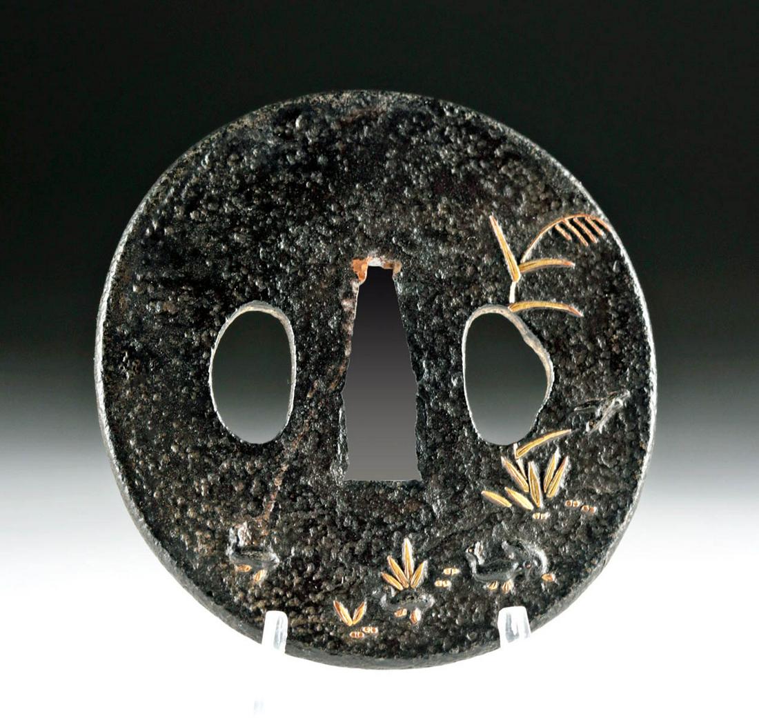 19th C. Japanese Edo Gilded Iron Tsuba w/ Ducks: **Originally Listed At $350** East Asia, Japan, late Edo Period, ca. early 19th century CE. A pretty gilded iron tsuba, the hand guard from a traditional Japanese sword like a katana or wakizashi, wit