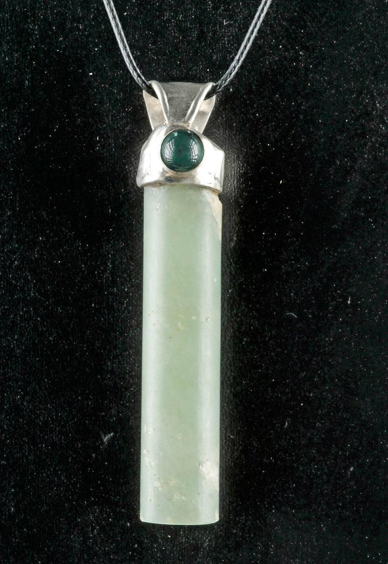 Maya Jadeite Pendant w/ Silver & Tourmaline: **Originally Listed At $600** Pre-Columbian, Southern Mexico to Guatemala, Maya, Late Classic Period, ca. 550 to 900 CE. A beautiful rod-form pendant carved from pale sage-green jadeite with milky whi