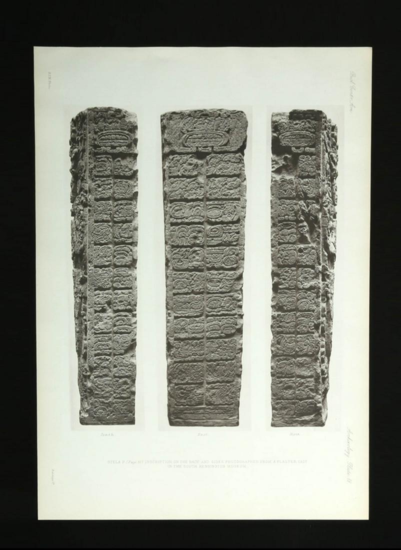 1890s Photogravure of Maya Ruins Alfred Maudslay: **Originally Listed At $800** Alfred Percival Maudslay (British, 1850-1931), photogravure of Mayan Stela P, ca. 1890 CE. A wonderful photogravure of Mayan Stela P in Copan published between 1889 and 1