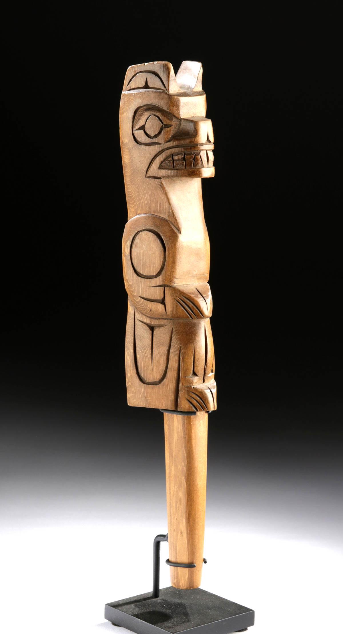 20th C. Squamish Wood Talking Stick of Bear, Jim Yelton: **Originally Listed At $300** Native American/First Nations, British Columbia, Squamish people, ca. second half of the 20th century CE, signed by Jim Yelton, b. 1955 CE. A beautiful hand-carved cedar 