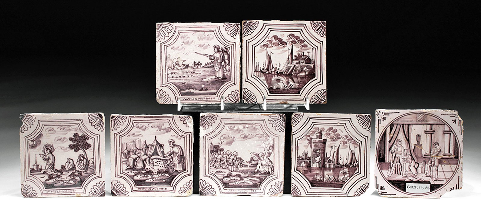 18th C. Dutch Porcelain Tiles w/ Biblical Scenes (7): **Originally Listed At $350** Northern Europe, Holland (the Netherlands), probably manufactured in Delft, ca. 18th century CE. A charming group of seven black-on-white porcelain tiles, each decorated 
