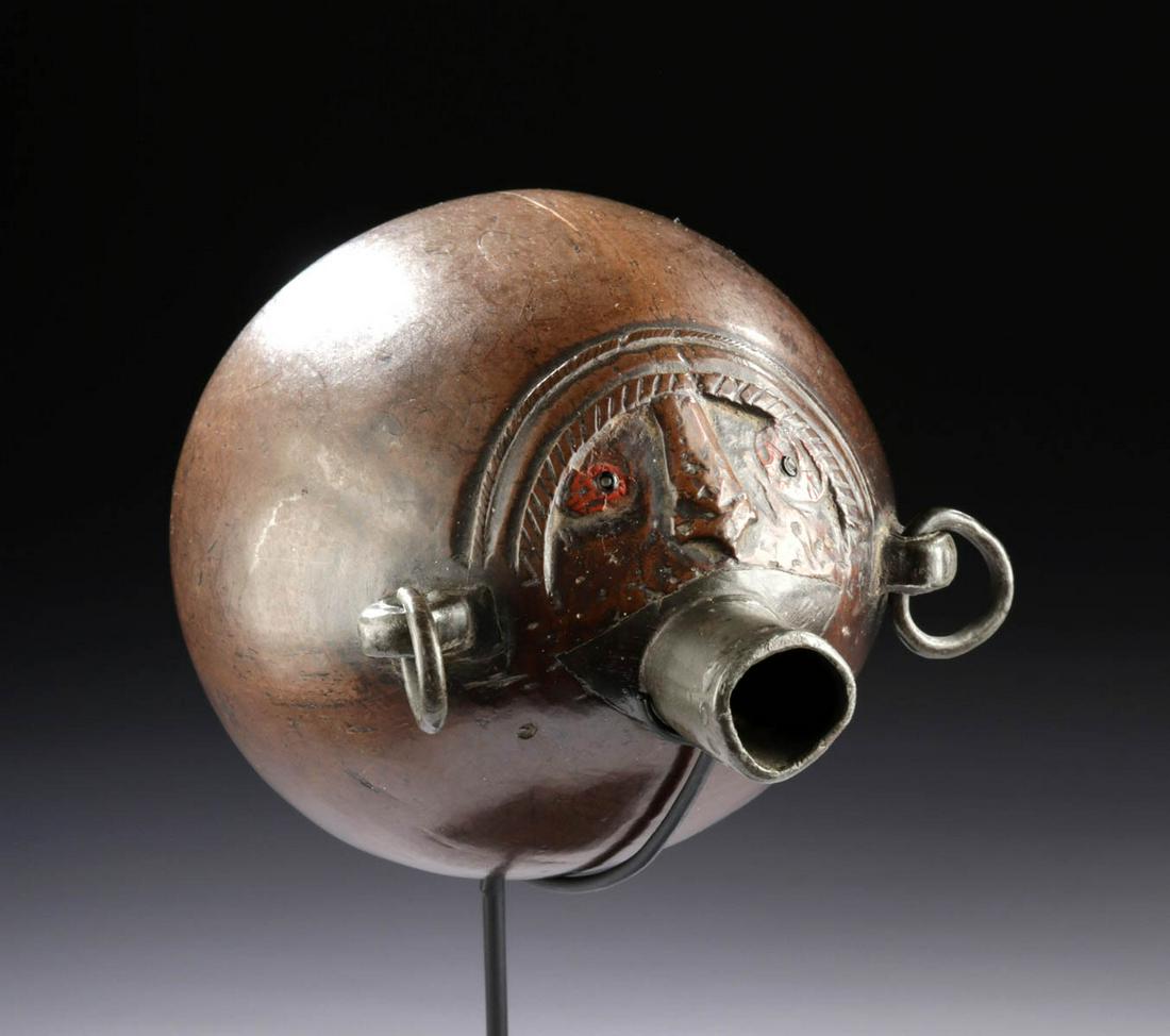 19th C. European Coconut Powder Flask / Bugbear: **Originally Listed At $400** Western Europe, England or France, ca. 19th century CE. An intriguing example of a powder flask known as a "bugbear," hand-carved from an ovoid coconut. The rounded body