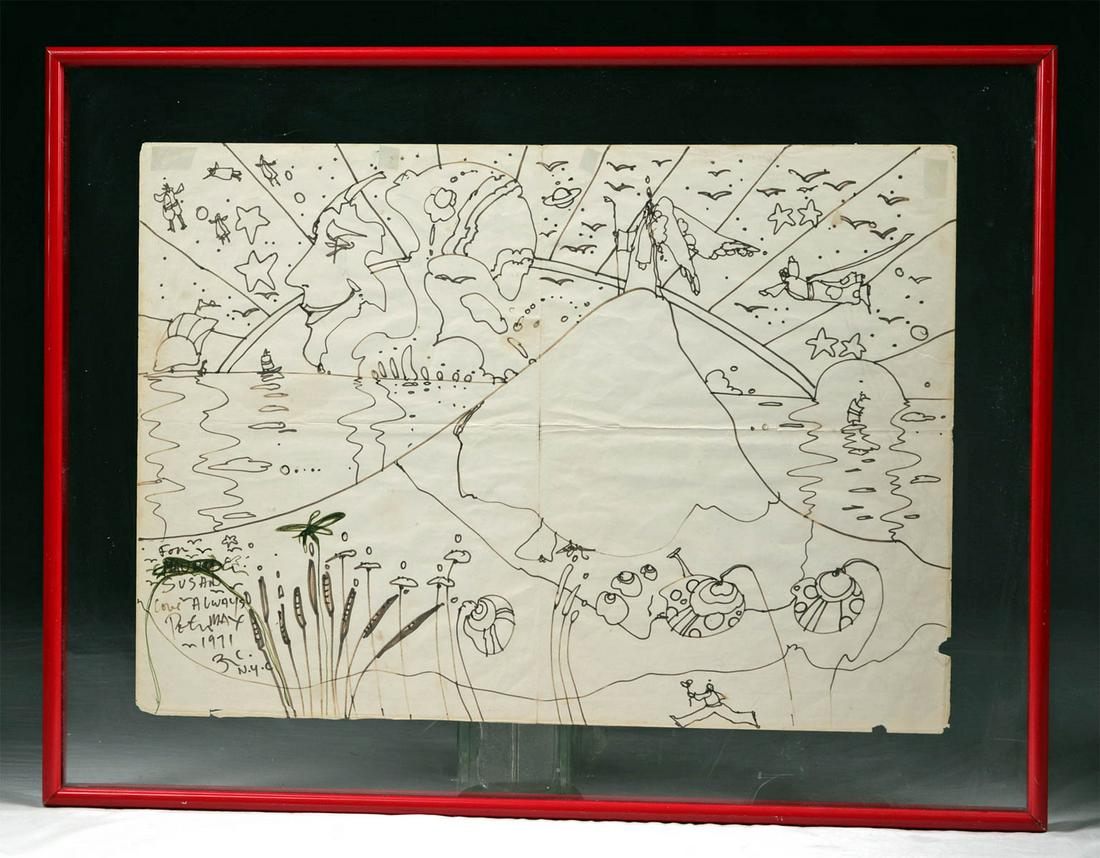 1971 Signed Peter Max Drawing on Serendipity Menu: **Originally Listed At $4500** Peter Max (American, b. 1937), drawing on verso of Serendipity menu, signed and dated 1971. A true find for any art collector, this incredible drawing and inscription by