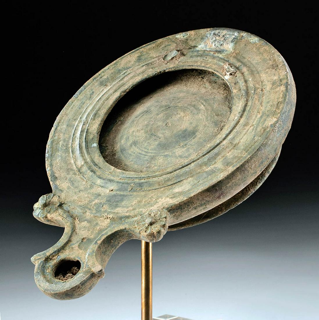 Huge 2nd C. Roman Bronze Footed Oil Lamp (1 of 4)