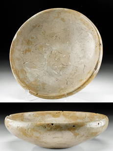 Egyptian Early Dynastic Breccia Bowl - Art Loss Reg.: Ancient Egypt, Early Dynastic Period, late 1st to 2nd Dynasty, ca. 2900 to 2686 BCE. A superb bowl of a broad form that is expertly carved from a single piece of yellow breccia mottled with beige,