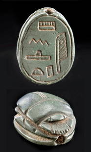 Egyptian Jasper Scarab for Amenhotep I - ex Mitry: Ancient Egypt, New Kingdom, early 18th Dynasty, reign of Amenhotep I, ca. 1525 to 1504 BCE. A beautiful scarab carved from a piece of opaque, forest green jasper bearing a cartouche for pharaoh