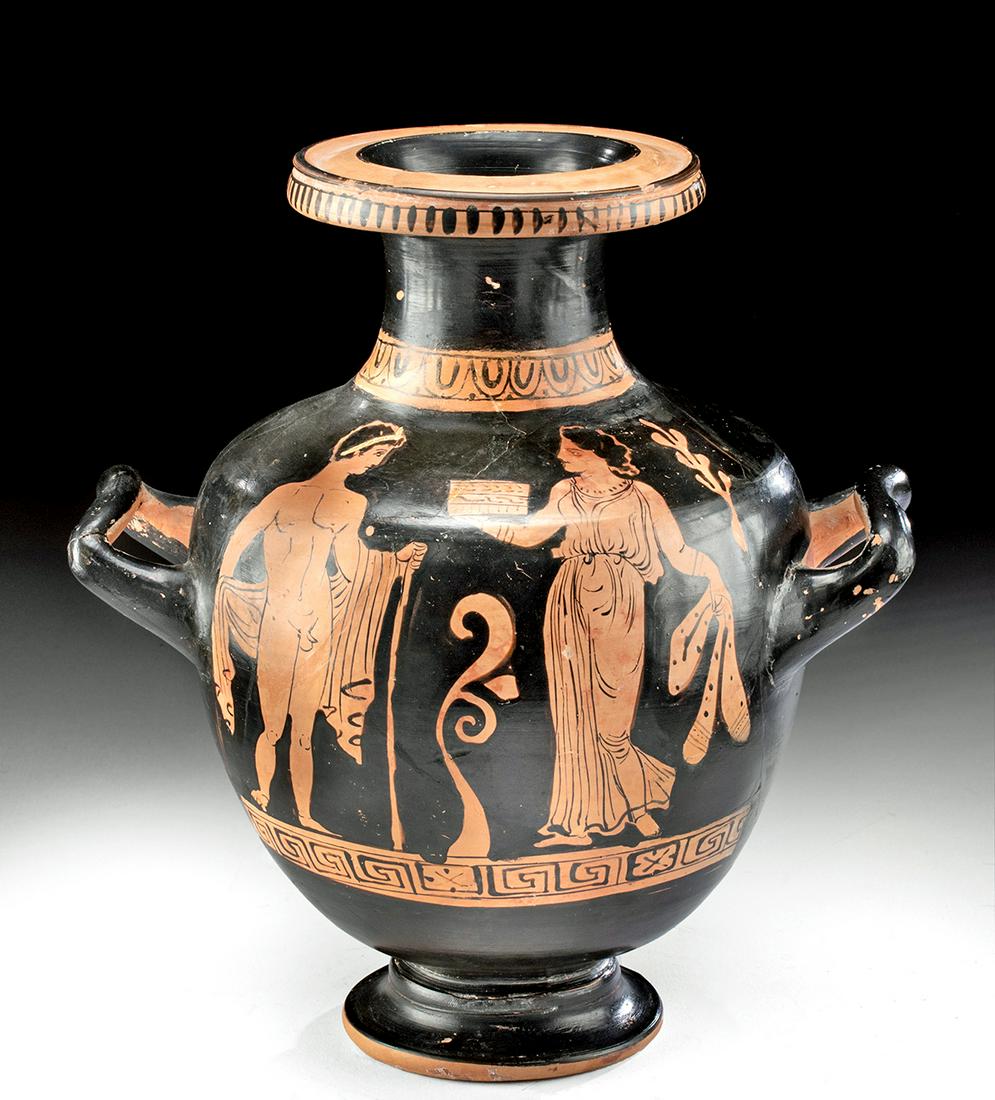 Greek Apulian Red-Figure Hydria Painter of Karlsruhe B9: Magna Graecia, Apulian, possibly Painter of Karlsruhe B9, ca. 370 BCE. An elegant Apulian hydria, finely decorated via the red-figure technique, the body of the vessel depicting a male youth, standing