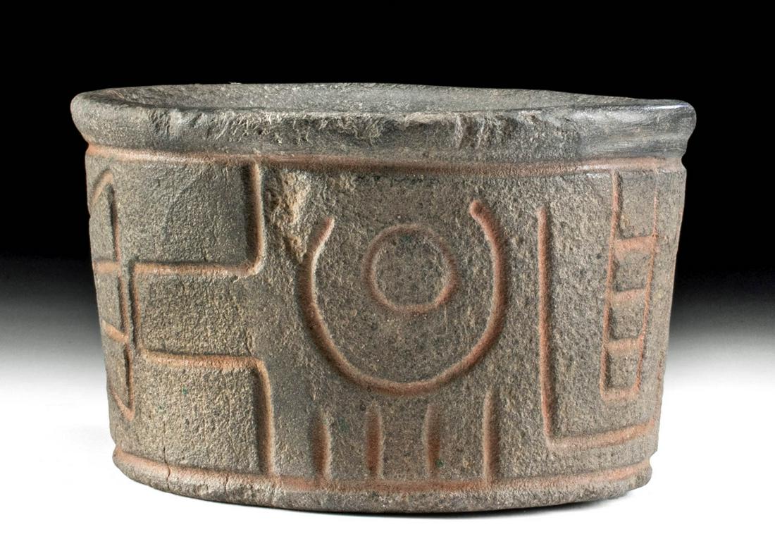 Chavin Volcanic Stone Mortar w/ Incised Avian Motifs: Pre-Columbian, northern Peru, Chavin, ca. 1100 to 600 BCE. A very fine stone mortar from one of the earliest and most artistically advanced cultures of South America. The gray volcanic stone vessel pr