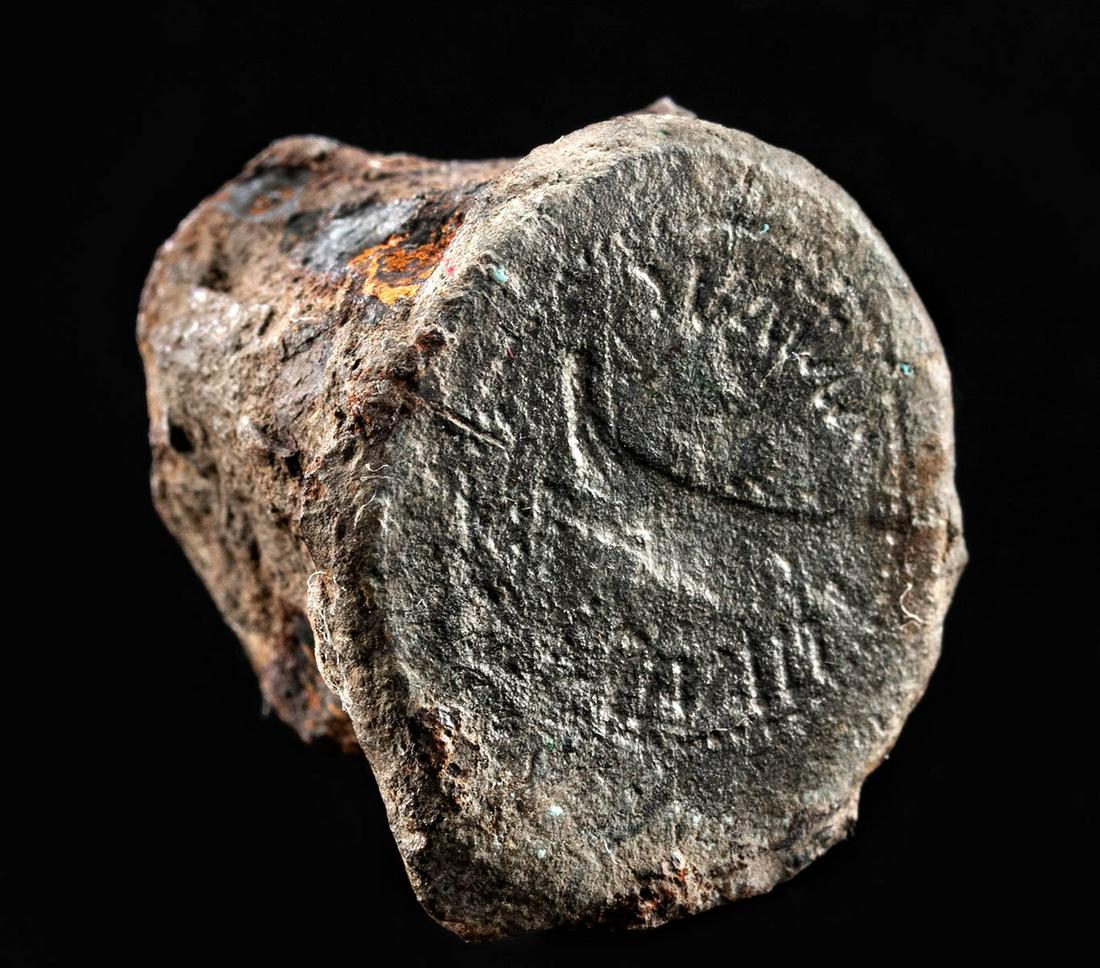 Roman Iron & Bronze Coin Die for Marc Antony Denarius: Roman, Imperial Period, ca. 1st century BCE. An amazingly rare coin die made about 32 BCE showing the obverse of a legionary denarius of Mark Anthony - he of Anthony and Cleopatra fame. Die shows a Ro