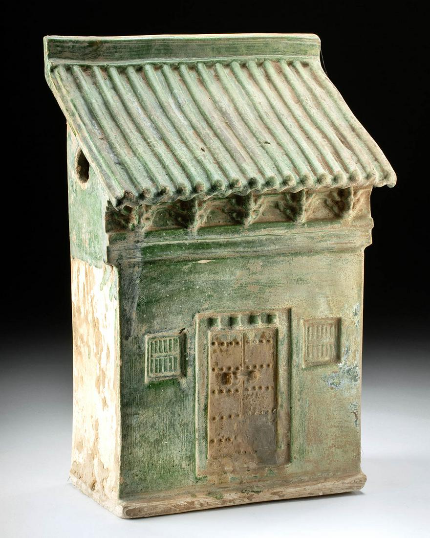 Chinese Ming Dynasty Glazed Pottery House: East Asia, China, Ming Dynasty, ca. 1368 to 1644 CE. An outstanding green-glazed funerary ceramic inspired by traditional Chinese architecture with influences extending back to the Han Dynasty, a piec