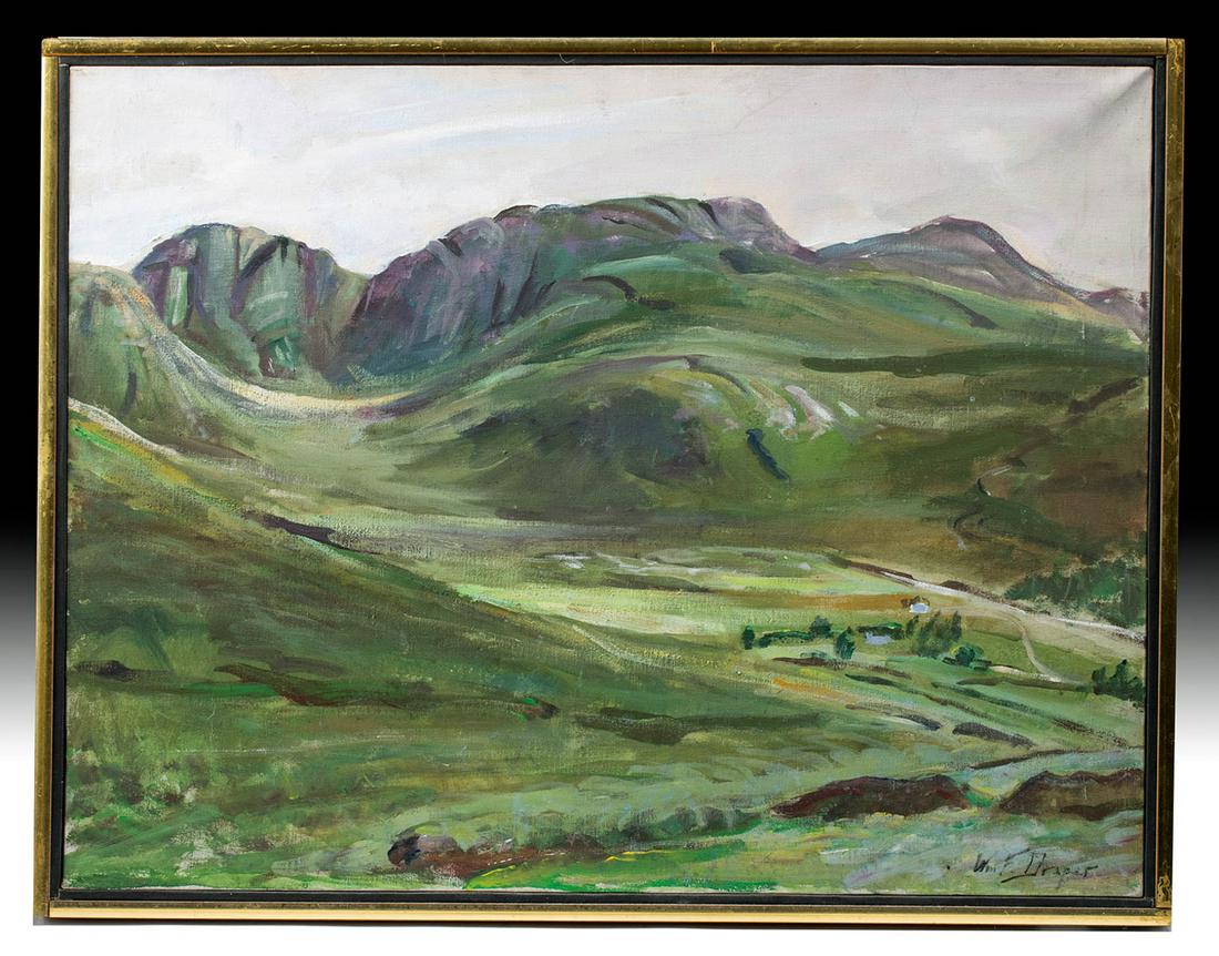 Framed William Draper - Poisoned Glen, Ireland - 1970: William Franklin Draper (American, 1912-2003). "Poisoned Glen - Mount Errigal - Donegal, Ireland" oil on canvas, 1970. Signed "Wm. F. Draper" on lower right. A breathtaking landscape painting depictin