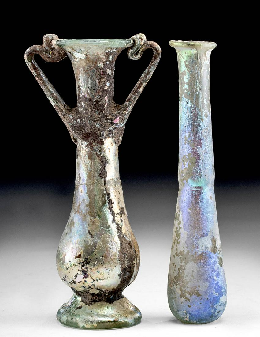 2 Roman Glass Vessels - Vial & Unguentarium (1 of 6)