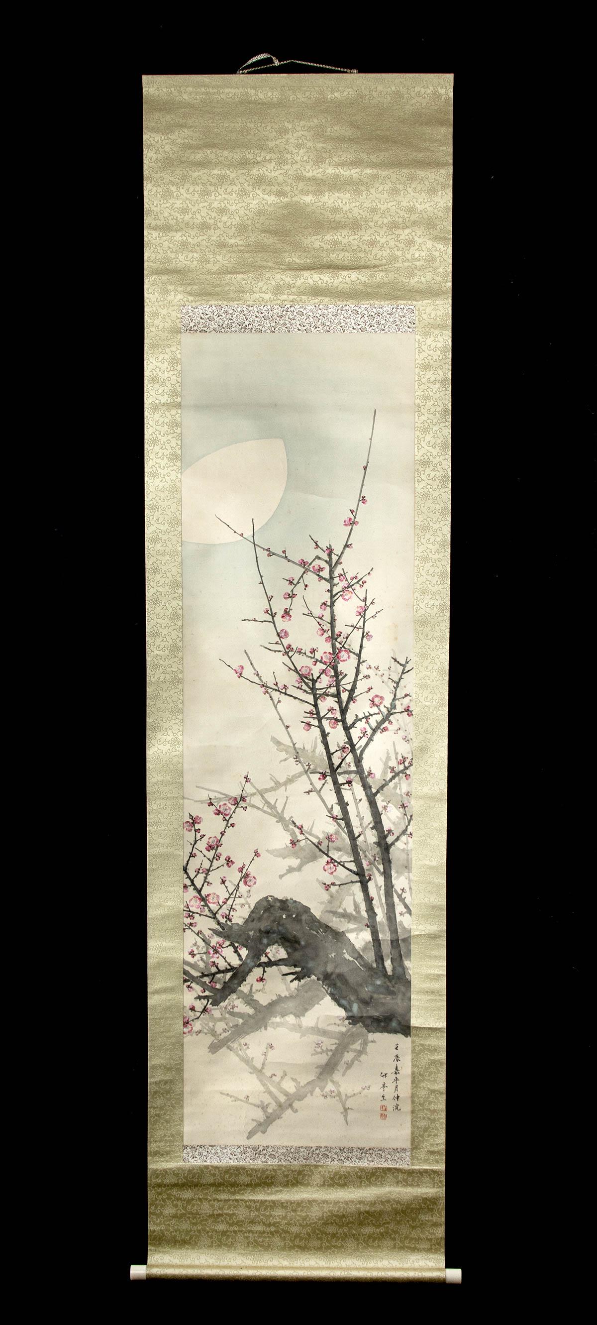 19th C. Japanese Scroll Painting Cherry Blossoms & Moon (1 of 6)