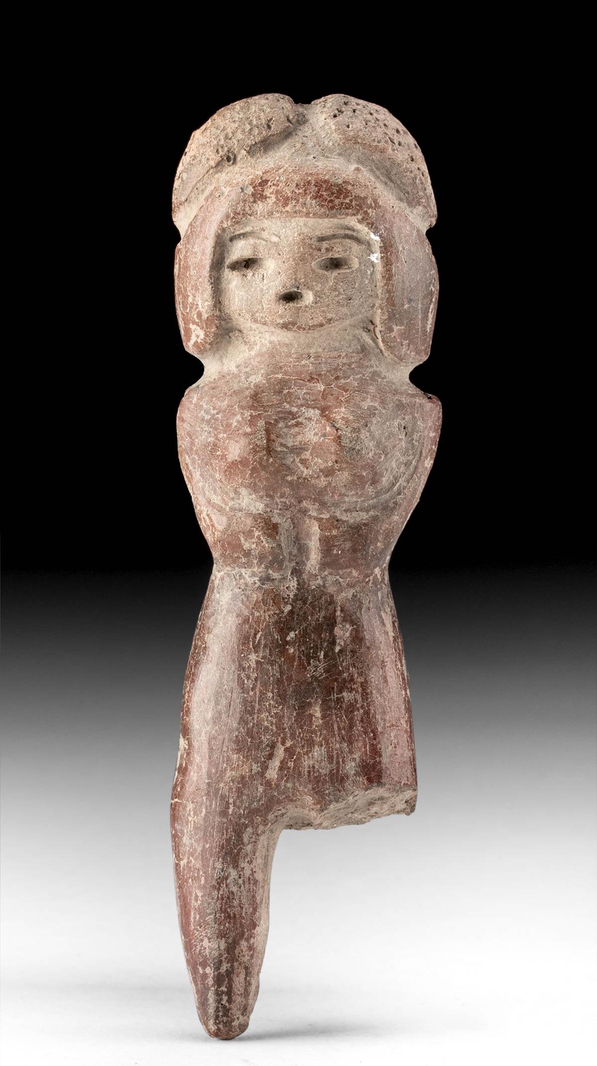 Valdivian Pottery Female Venus Figure: **First Time At Auction** Pre-Columbian, Ecuador, Valdivian culture, ca. 3500 to 1500 BCE. A hand-built pottery Venus figure of a characteristically feminine form with a slender waist and hands held b