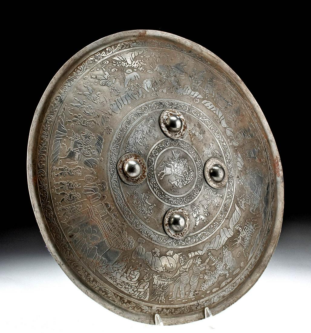 Antique Indian Copper Dahl Shield, Royal Hunting Scenes: South Asia, India, ca. late 19th to first half of 20th century. A copper dahl shield of a traditional circular/dome-shaped form with four hemispheric metal bosses. These bosses are ornamental, but tra