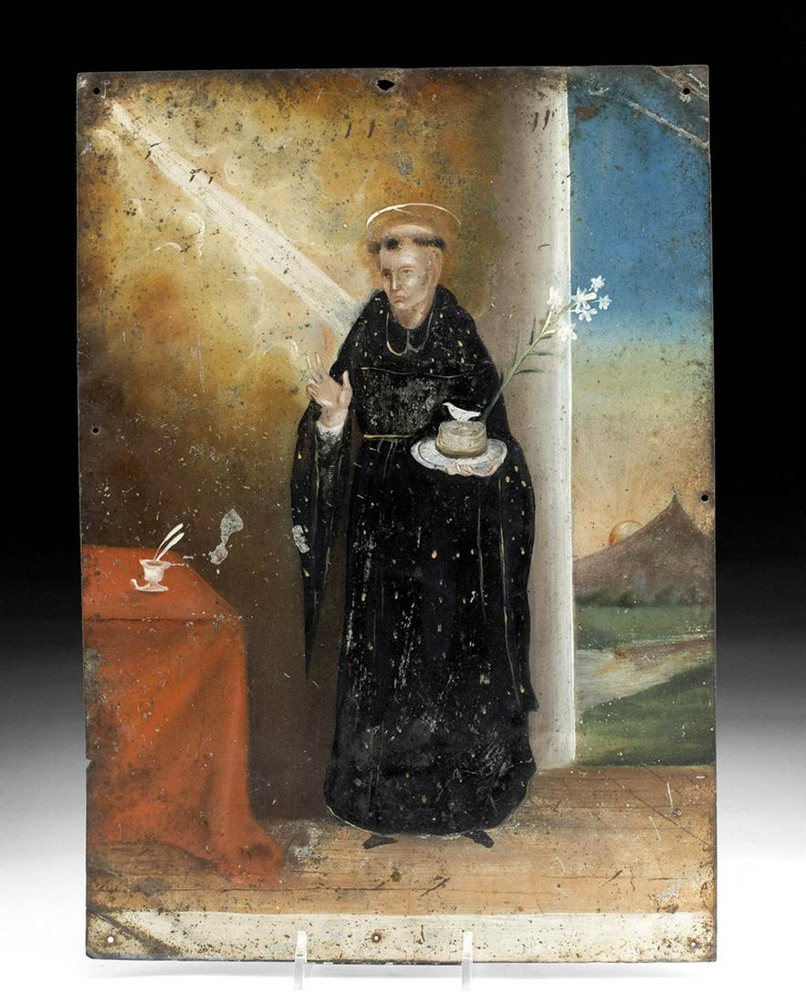 Antique Mexican Retablo of San Nichola: Latin America, Mexico, ca. late 19th century. Beautifully hand-painted on heavy gauge tin, a retablo depicting San Nicola, the patron saint of children, bakers, brides, as well as spinsters, standing 