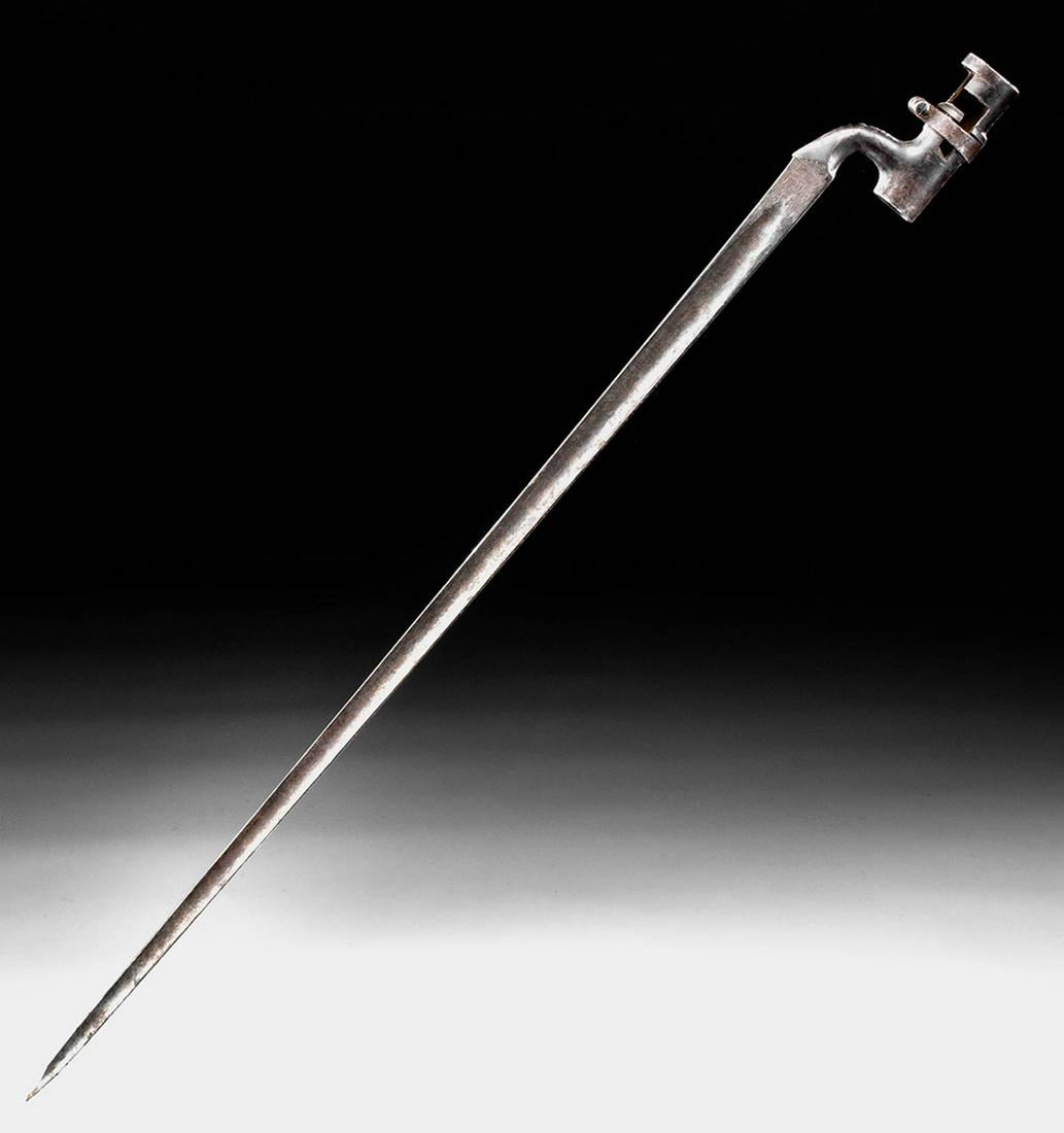 19th C. British Steel Bayonet - Nepalese Inscription: Europe, United Kingdom, ca. late 19th to early 20th century CE. A fascinating example of a steel bayonet with Nepalese inscriptions on two of its sides where the blade meets the socket; the third side