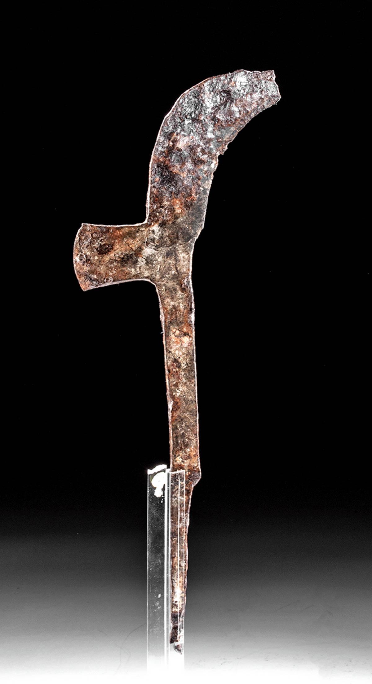 Ancient Celtic La Tene Forged Iron Scythe Head: Ancient Central / Northern Europe, Celtic Iron Age, La Tene (sometimes called Celtic) culture, ca. 5th to 1st century BCE. A forged-iron scythe with a slender but sturdy tang, a stocky body, a rectang
