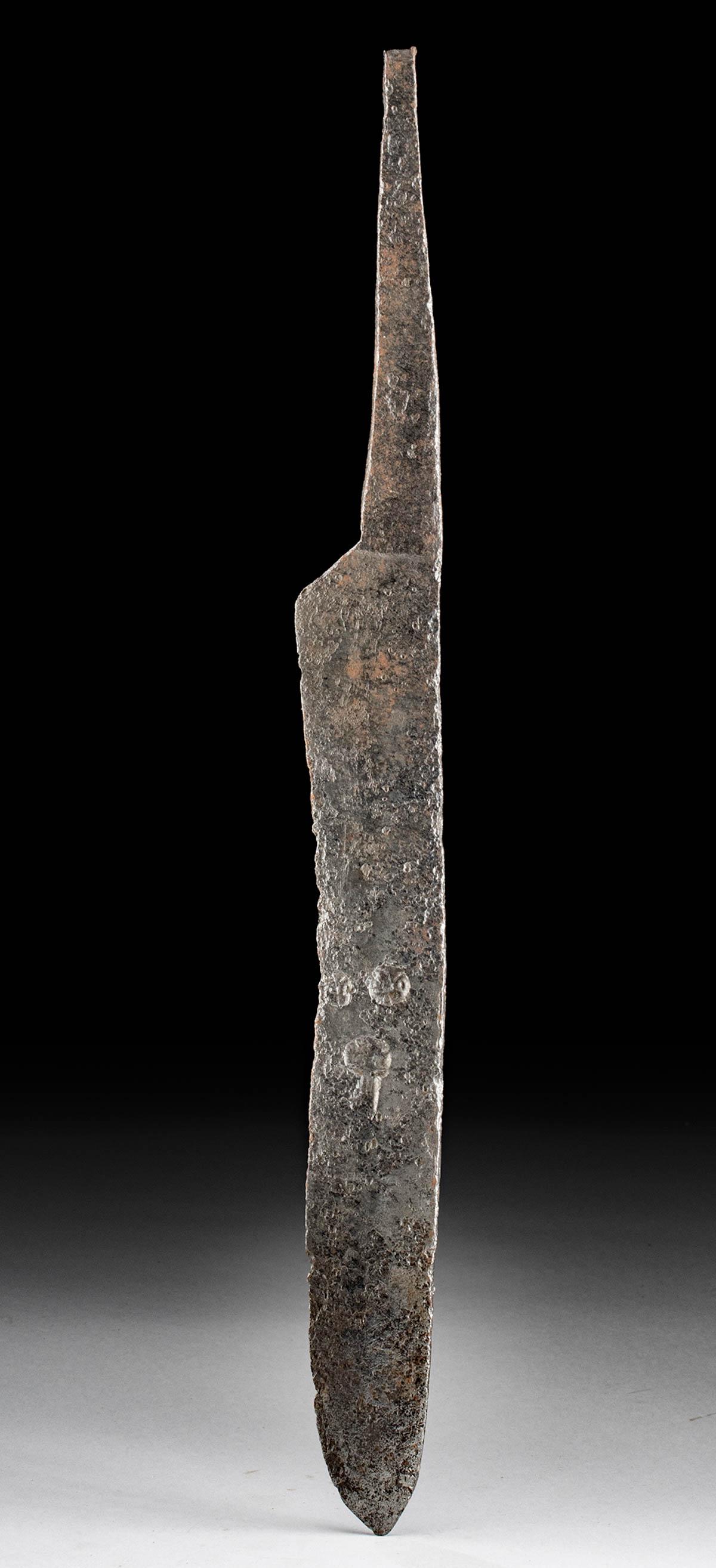 12th C. Medieval / S. European Iron Knife Blade 4-Sided: Europe, Southern Europe, Medieval, ca. 12th to 15th century. A fine iron-weld knife blade featuring a long 4-sided tang that tapers at its base, likely for butchery or as a weapon, a cross-section sla