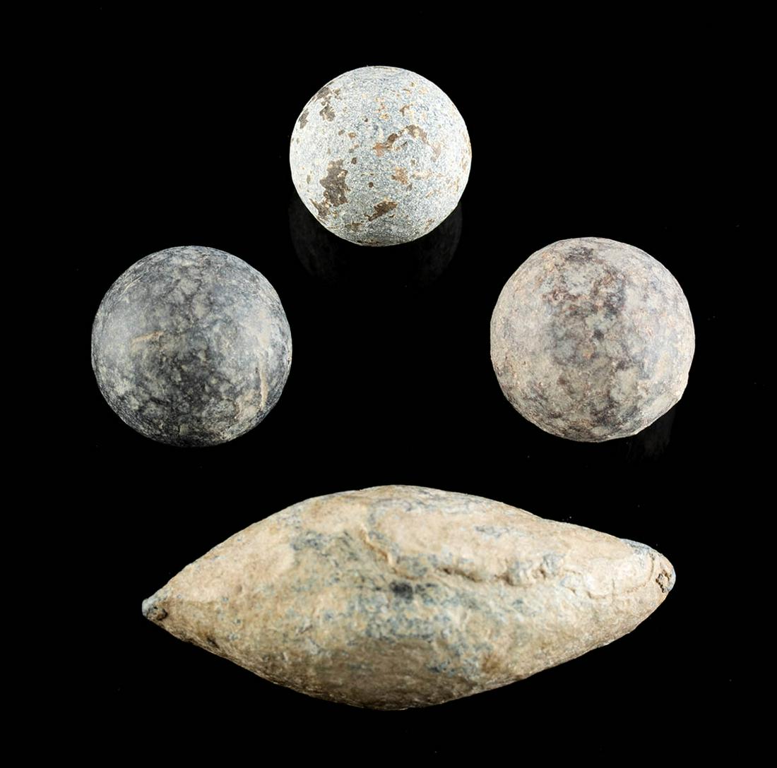Roman, Spanish, & French Lead Projectiles (4): Roman, Imperial Period, ca. 1st to 4th century CE; Western Europe, Spain, Nuestra Senora de Atocha shipwreck, ca. September 6, 1622 CE; Belgium, French Army, Battle of Waterloo, ca. June 18, 1815 CE. 