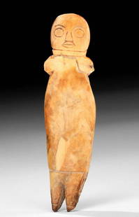 5th C. Egyptian Coptic Bone Figure: Egypt, Coptic culture, ca. 5th to 7th century CE. An intriguing figure of a characteristically minimalist form carved from a bone fragment from a cow, ox, or other ungulate. The figure presents with