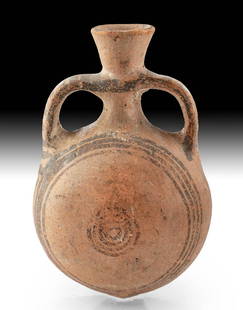 Cypriot Terracotta Target Flask: Ancient Greece, Cyprus, ca. 800 BCE. A redware terracotta flask with a rounded base, a spherical body, and a thin tubular neck flanked by striped handles on either side and painted with a concentric